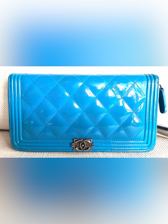 CHANEL Handbags - CHANEL RARE Electric Blue Patent Boy Zip Around Long Wallet COA